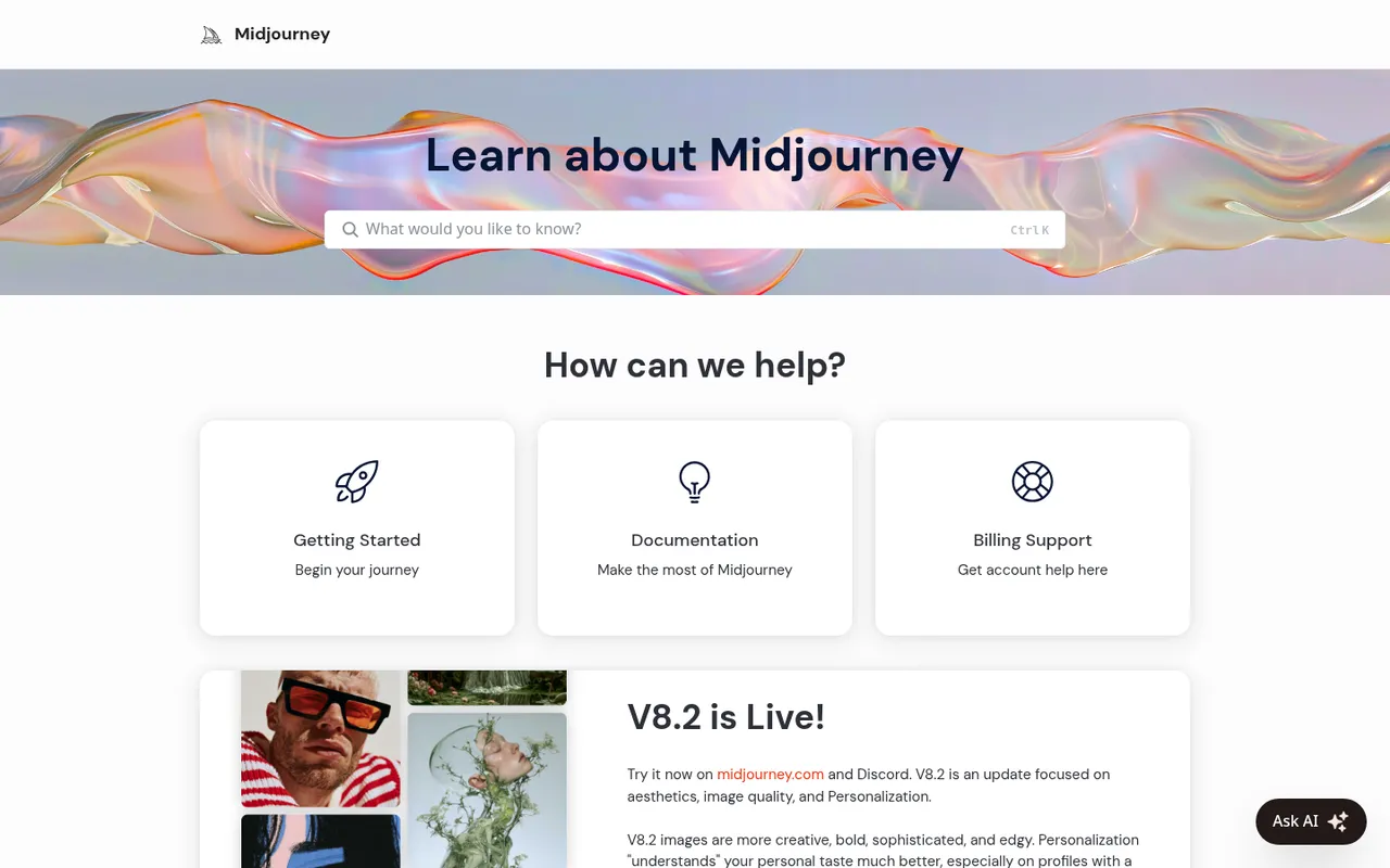 Midjourney documentation home announcing V8.2 on the web and Discord