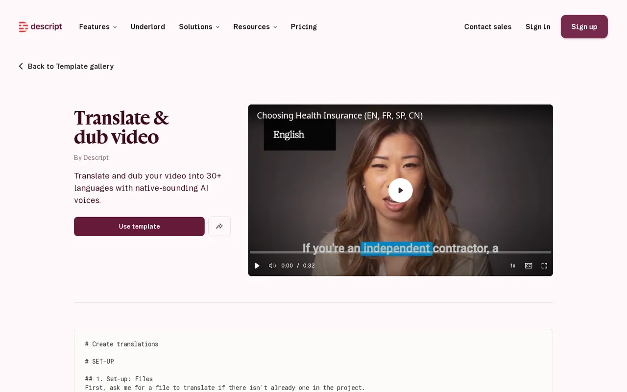 Descript 'Translate & dub video' template page with Use template button and translation workflow steps