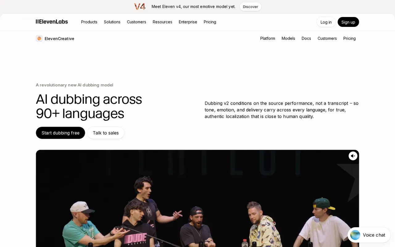 ElevenLabs Dubbing Studio page headed 'AI dubbing across 90+ languages' with Start dubbing free button