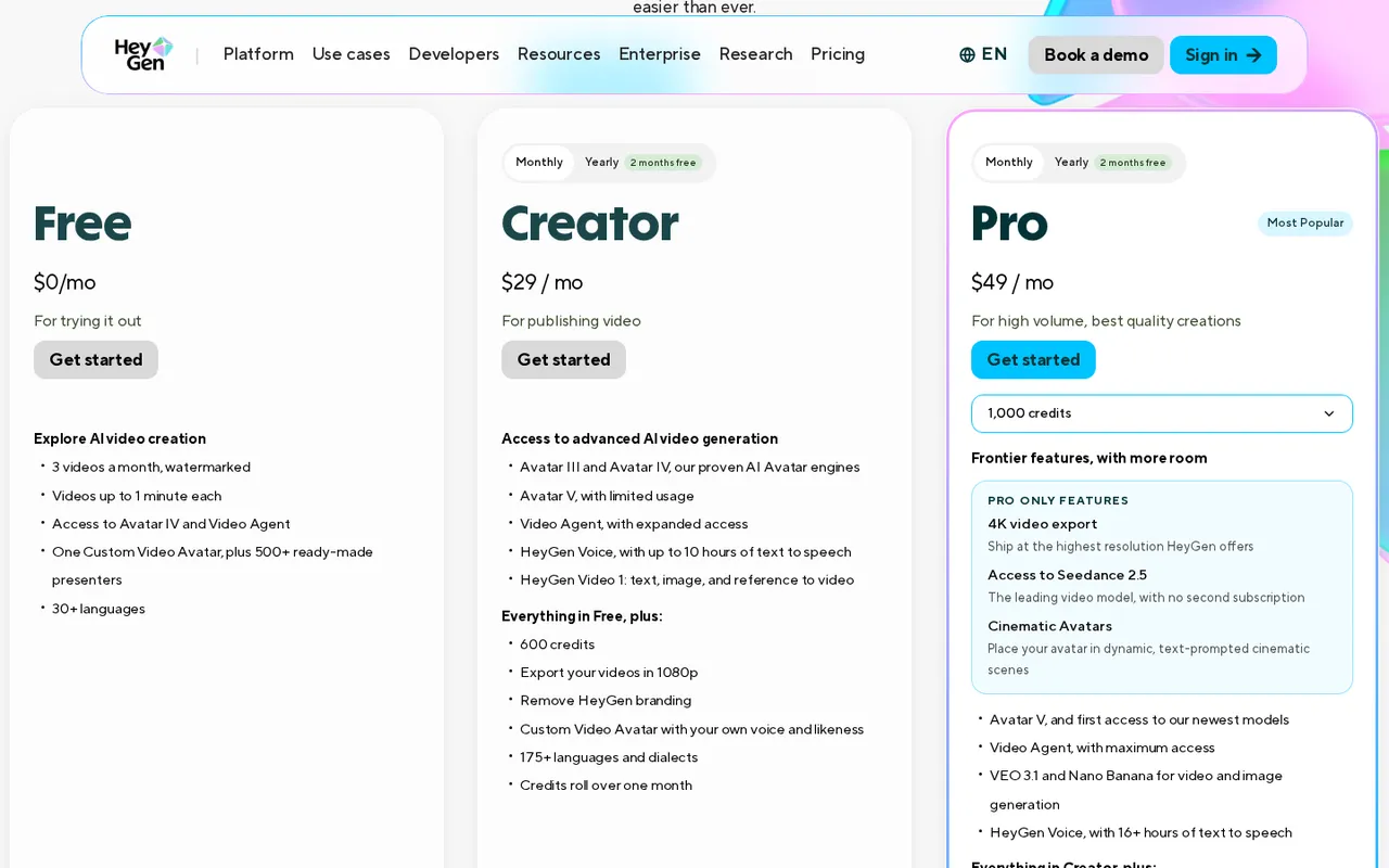 HeyGen pricing page showing Free $0/mo, Creator $29/mo and Pro $49/mo plans