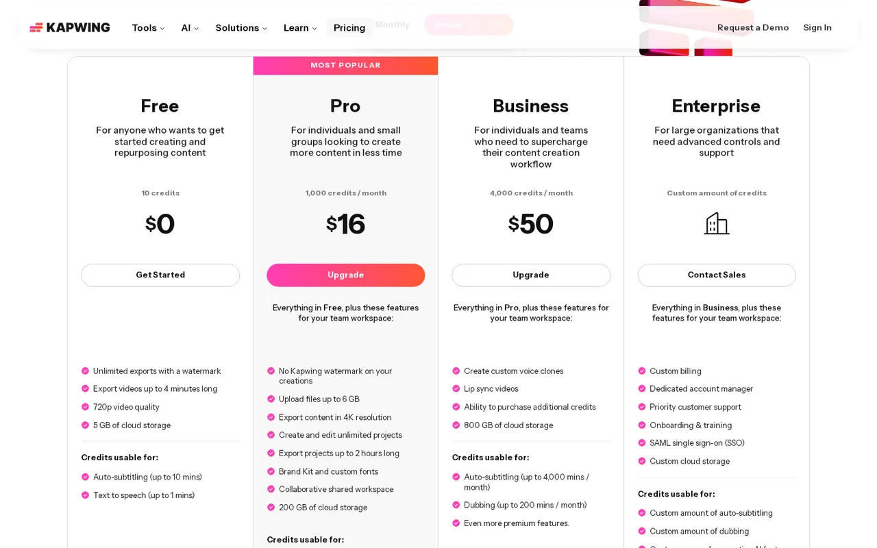 Kapwing pricing page showing Free, Pro, Business, and Enterprise plans with Monthly/Annual toggle