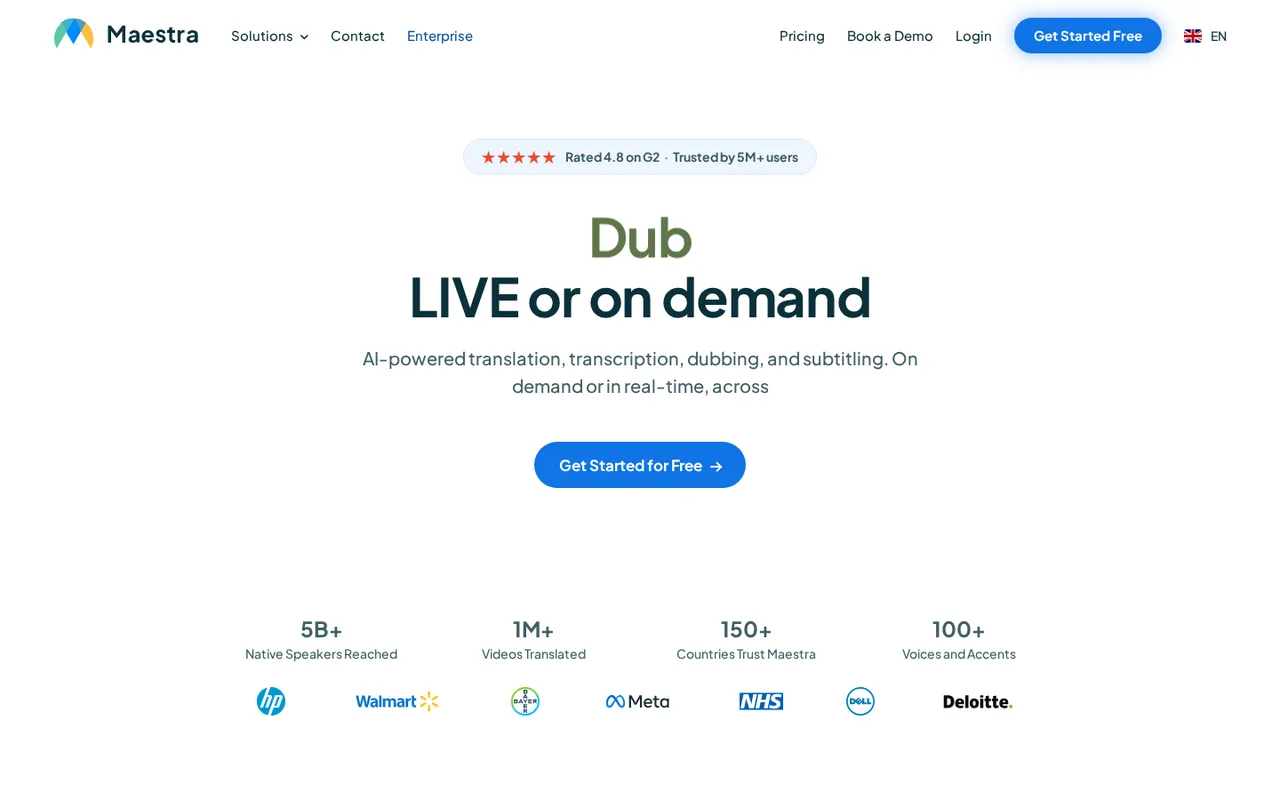 Maestra homepage with 'Dub LIVE or on demand' headline, G2 4.8 rating, and usage stats