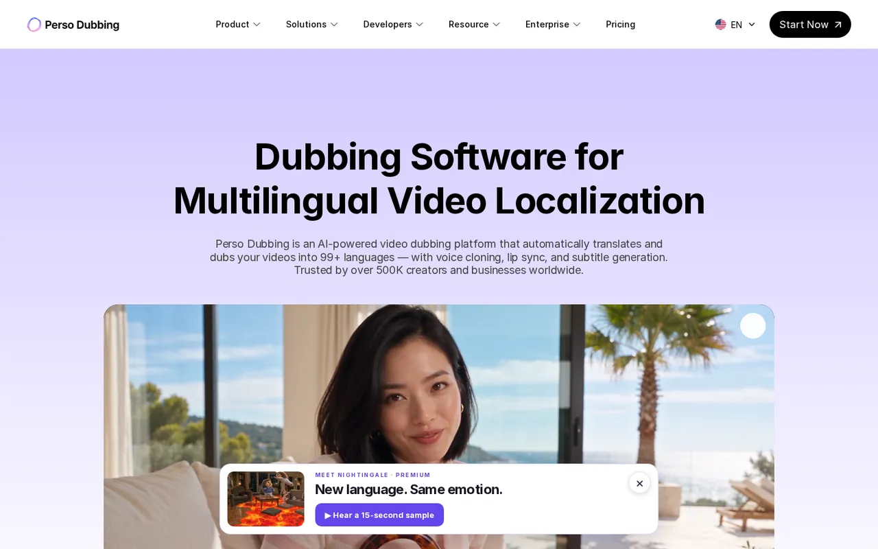 Perso Dubbing page: AI video dubbing into 99+ languages with voice cloning and lip sync