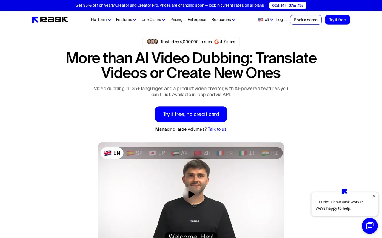 Rask AI homepage with headline about AI video dubbing in 135+ languages and Try it free button
