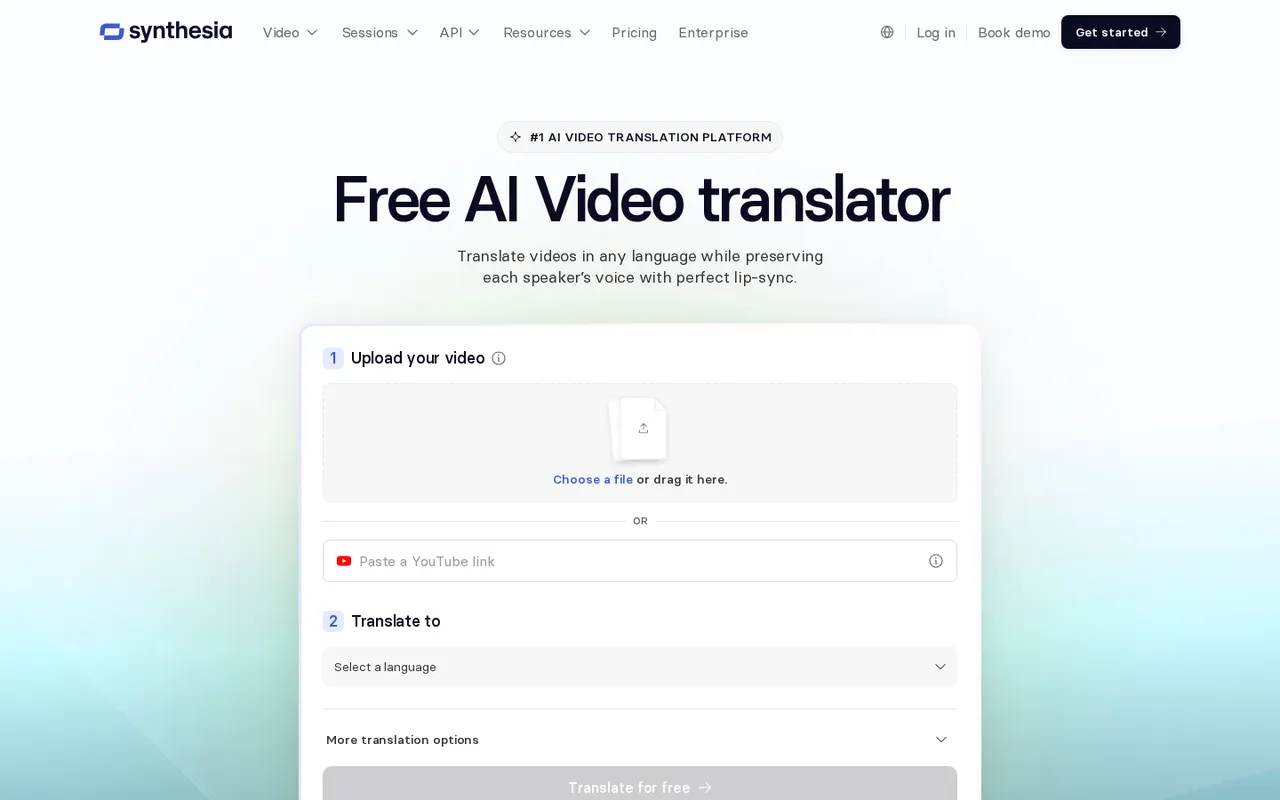 Synthesia video translator page: Free AI Video translator headline with upload and language picker