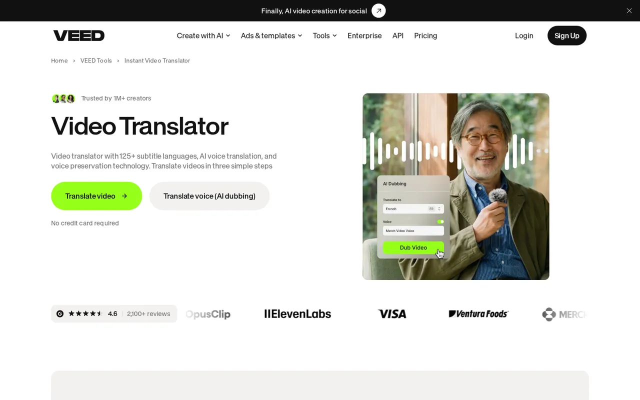 VEED Video Translator page: 125+ subtitle languages, AI voice translation, and voice preservation