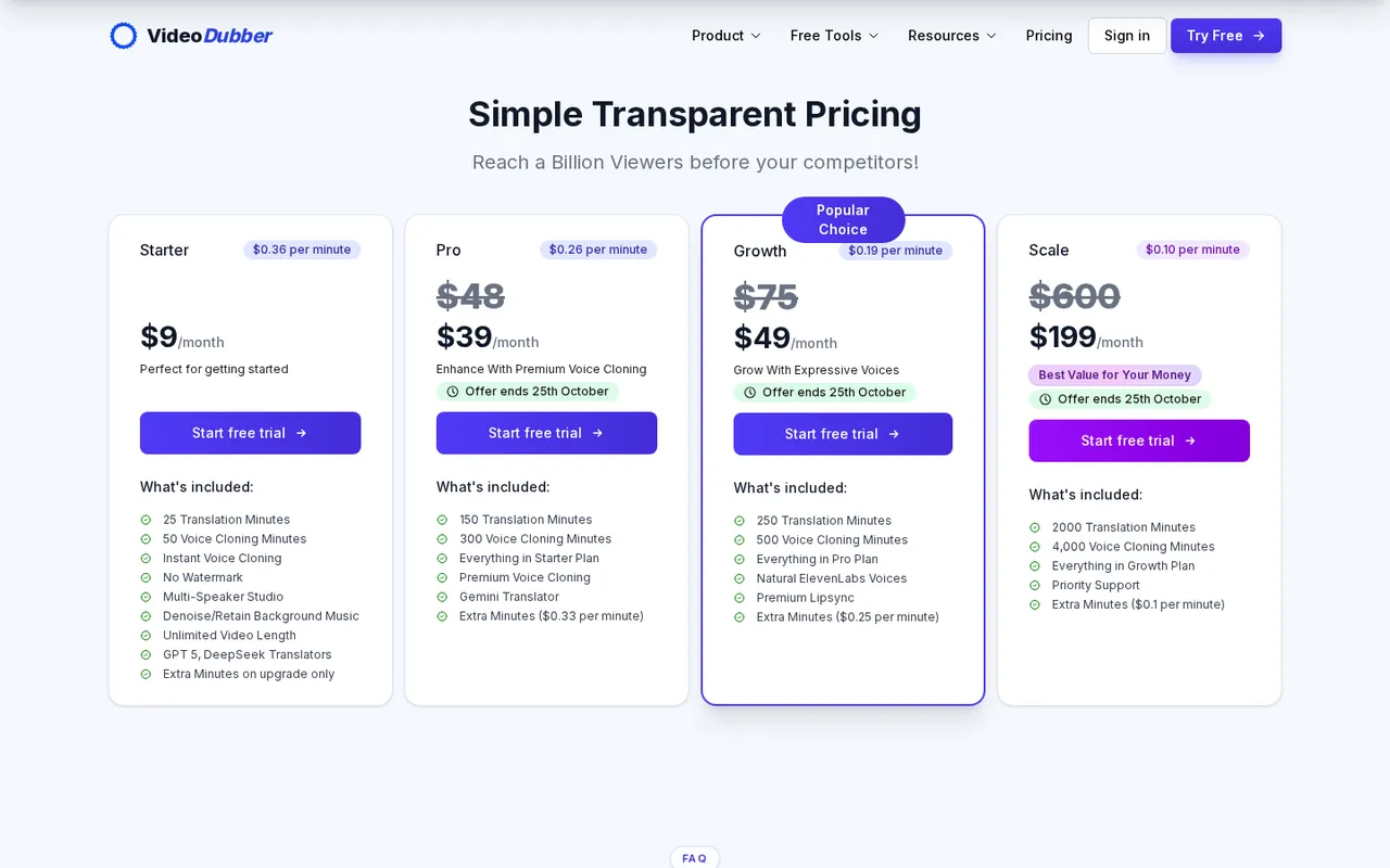 VideoDubber pricing page showing Starter, Pro, Growth and Scale plans with per-minute rates