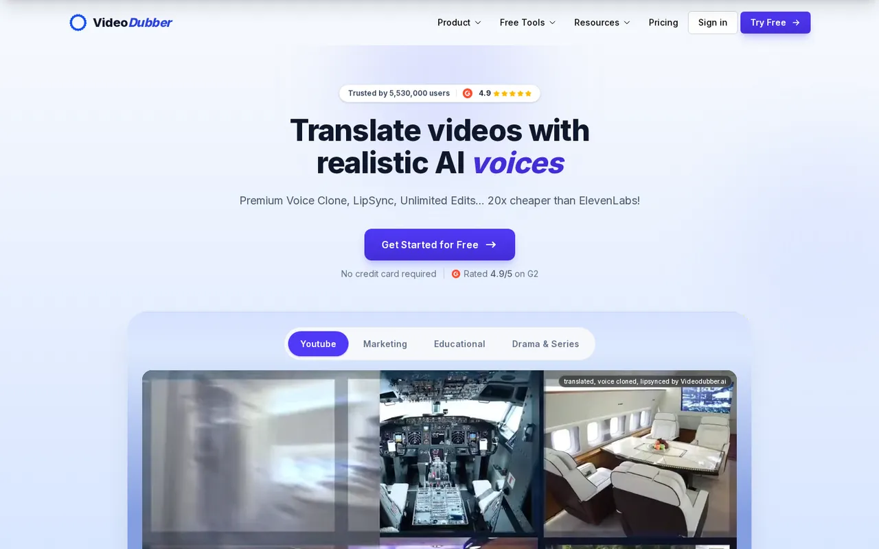 VideoDubber homepage hero: 'Translate videos with realistic AI voices' with a Get Started for Free button