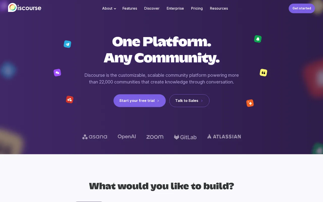 Discourse homepage showing its community platform hero and free trial button.