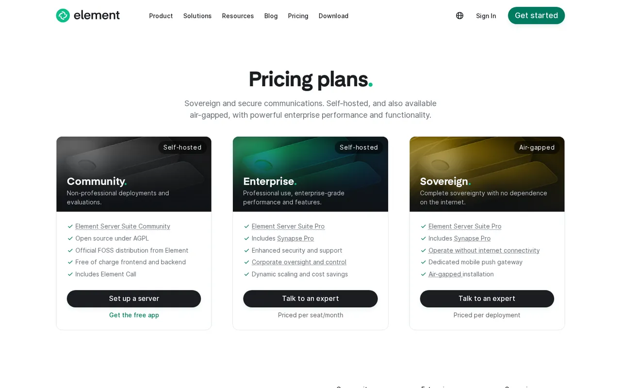 Element pricing cards for Community, Enterprise, and Sovereign self-hosted communications plans.