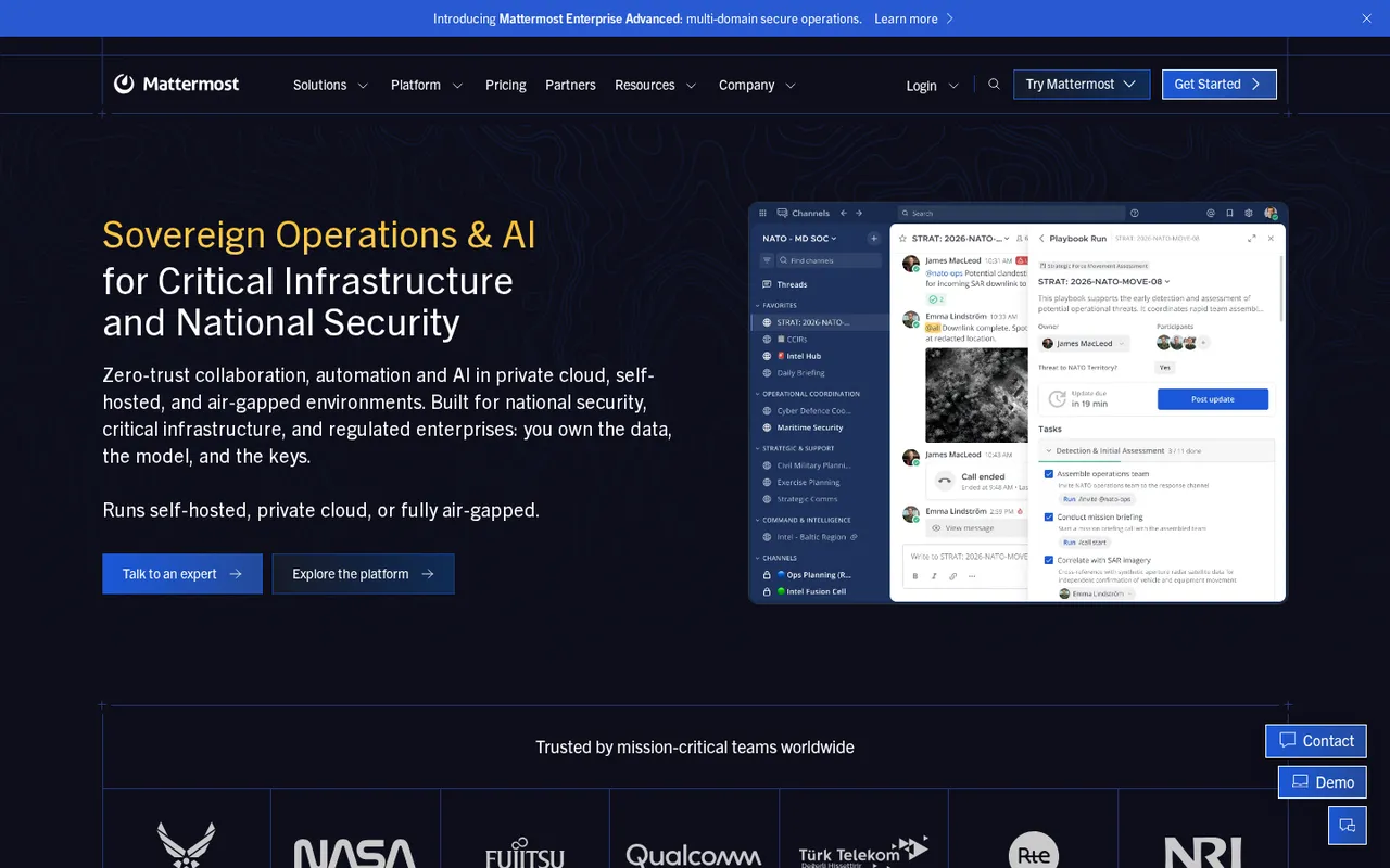Mattermost homepage showing sovereign operations and AI collaboration features.