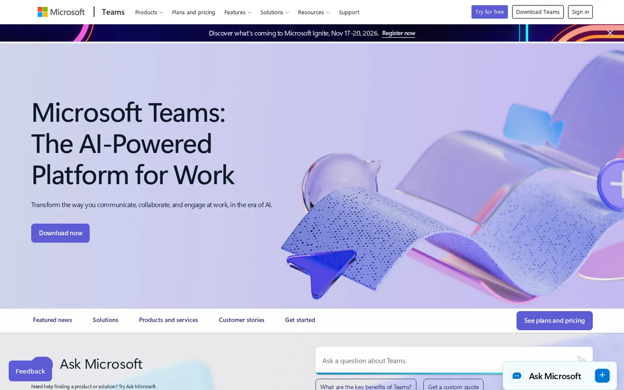 Microsoft Teams homepage highlighting its AI-powered workplace communication platform.