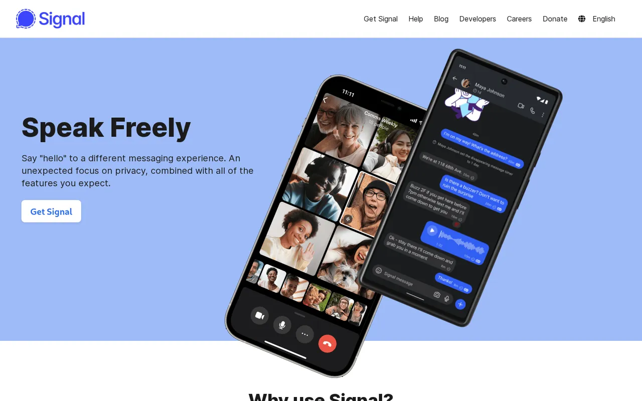 Signal homepage hero with private chat and group video call shown on phones.