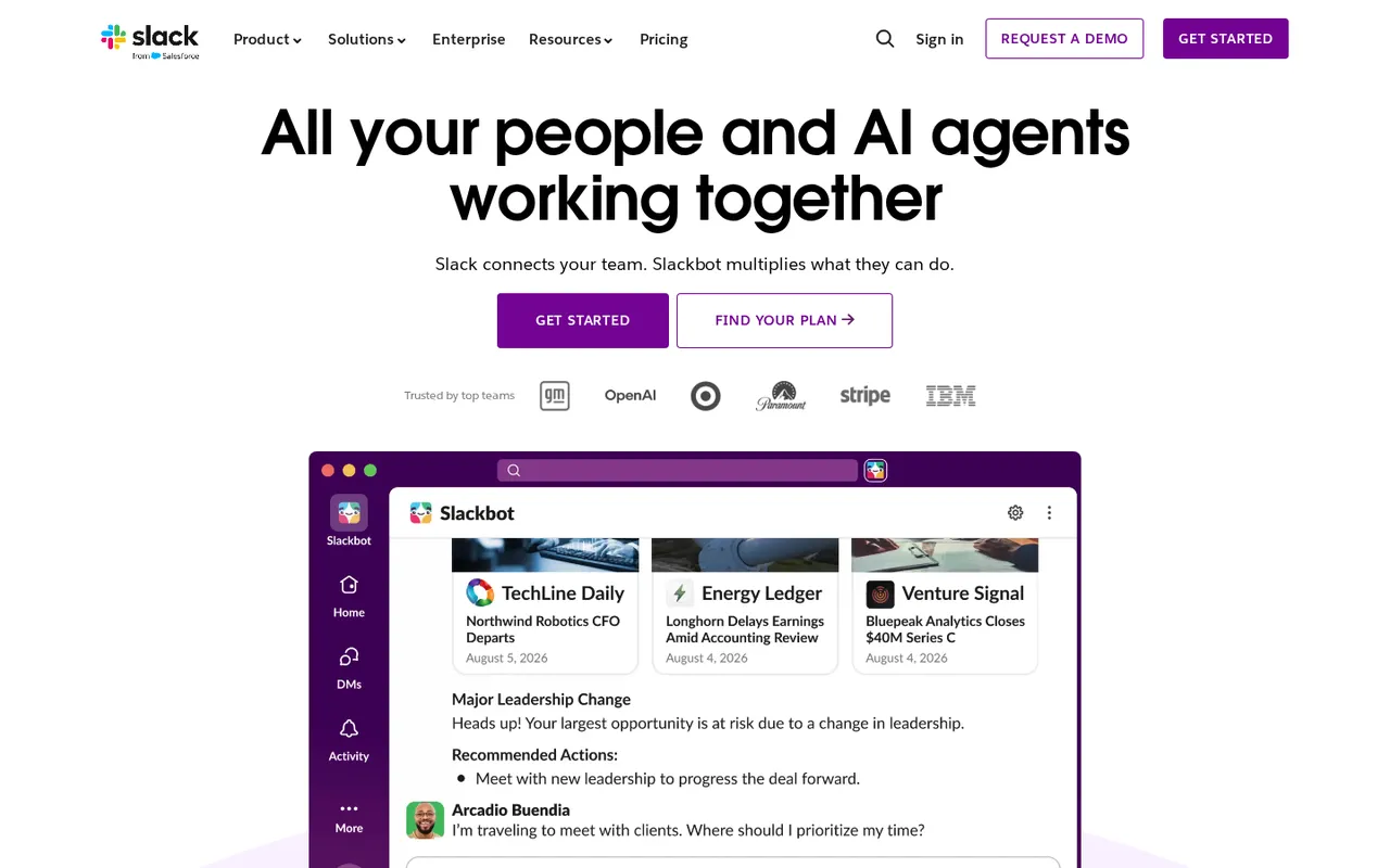 Slack homepage hero showing AI teamwork messaging and a Slackbot workspace preview.