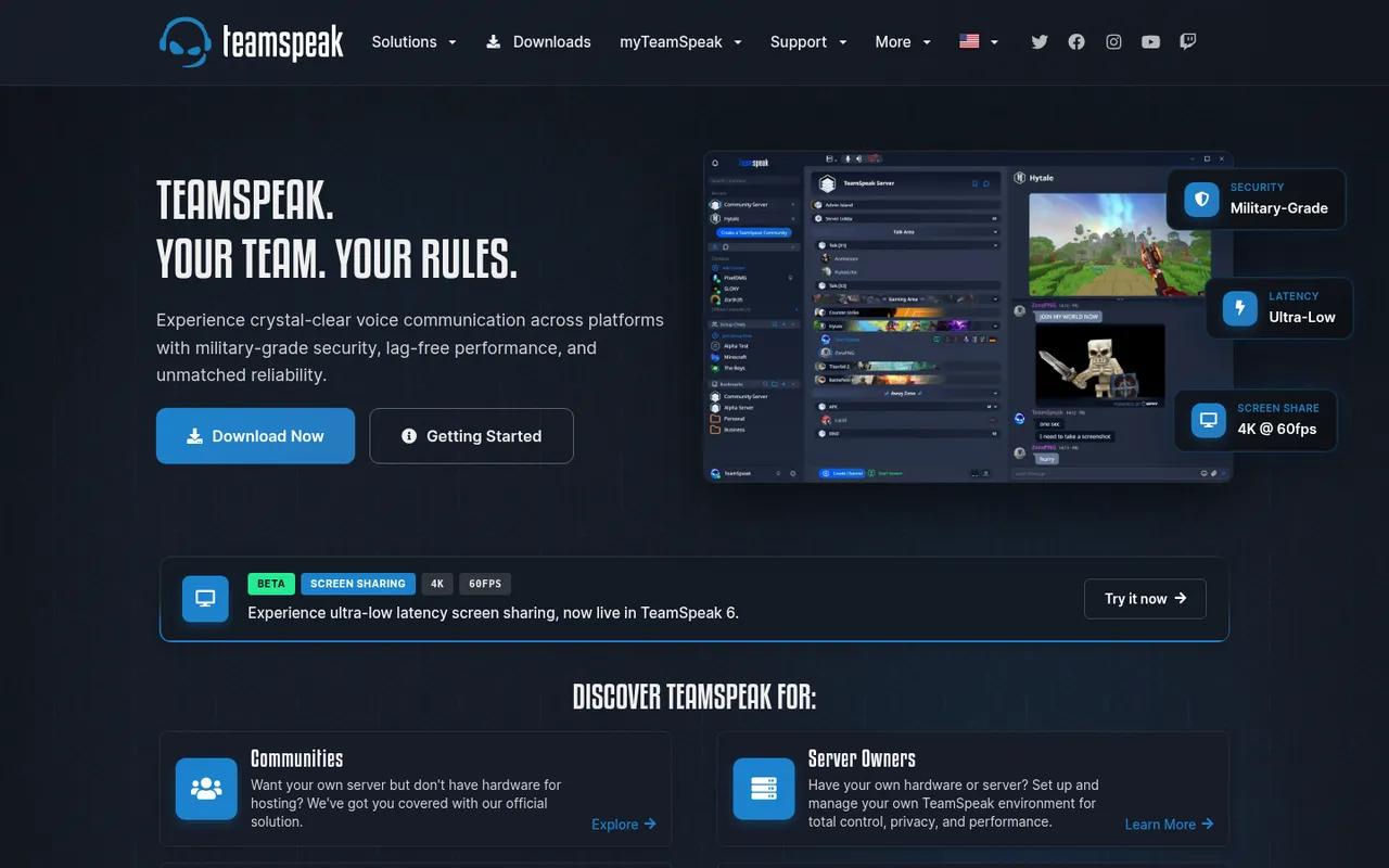 TeamSpeak homepage: your team, your rules
