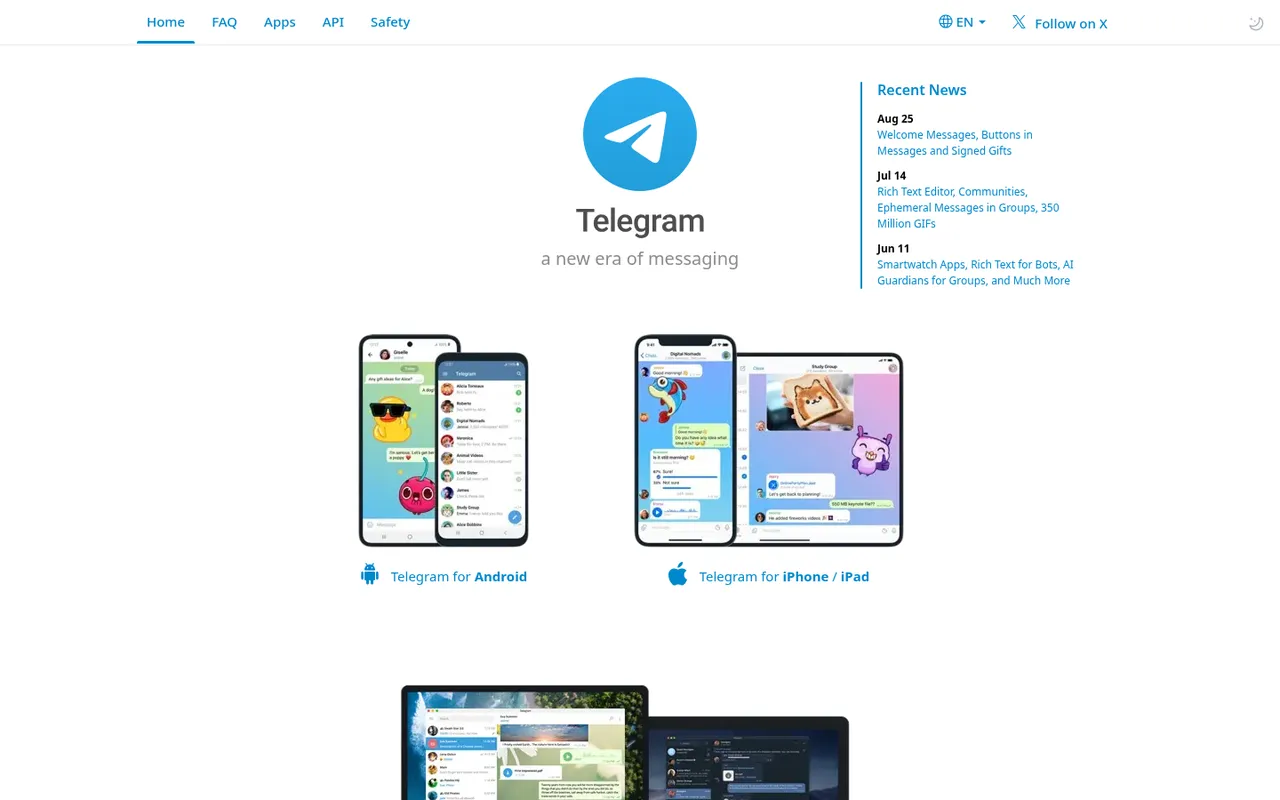 Telegram homepage with app downloads