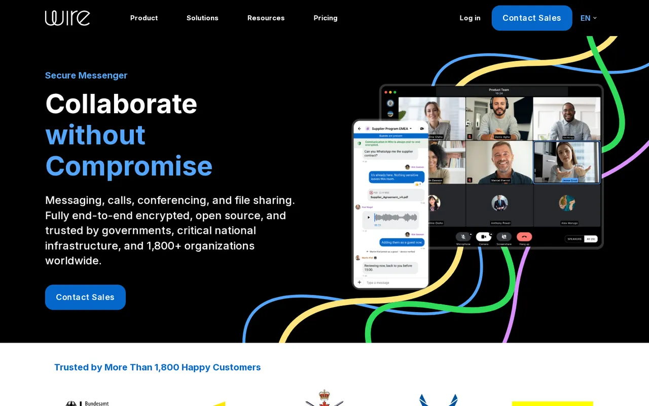 Wire homepage showing secure messenger features and a video conference interface.