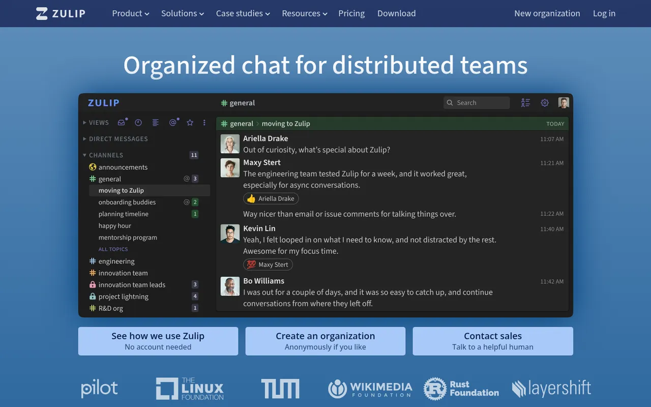 Zulip homepage: organized chat for distributed teams
