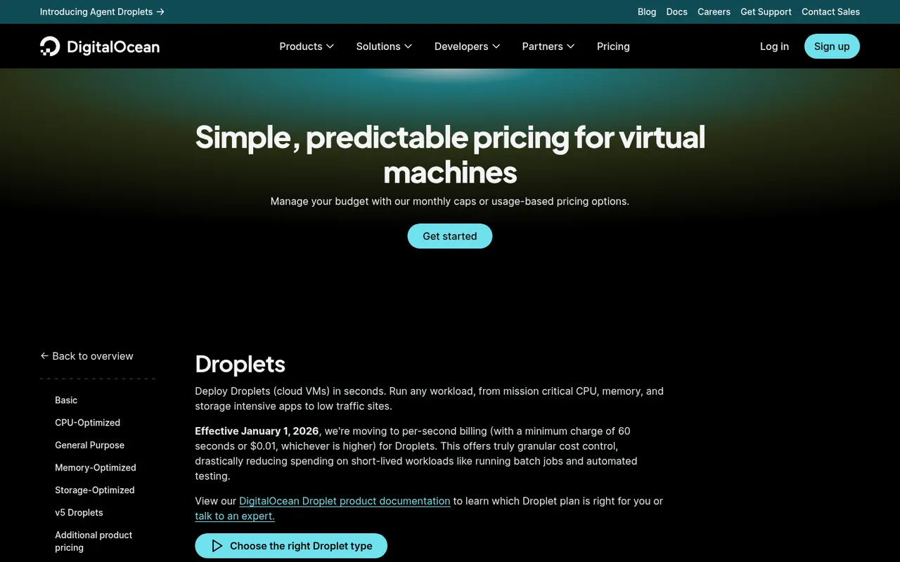 DigitalOcean Droplet pricing page