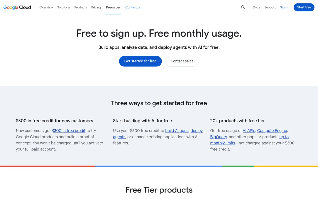 Google Cloud free tier: free to sign up, free monthly usage