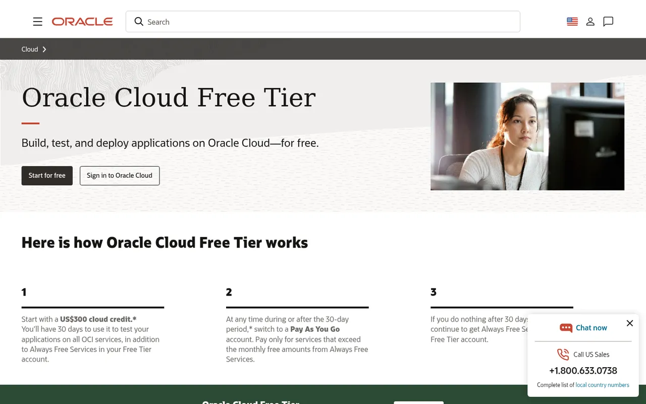 Oracle Cloud Free Tier page