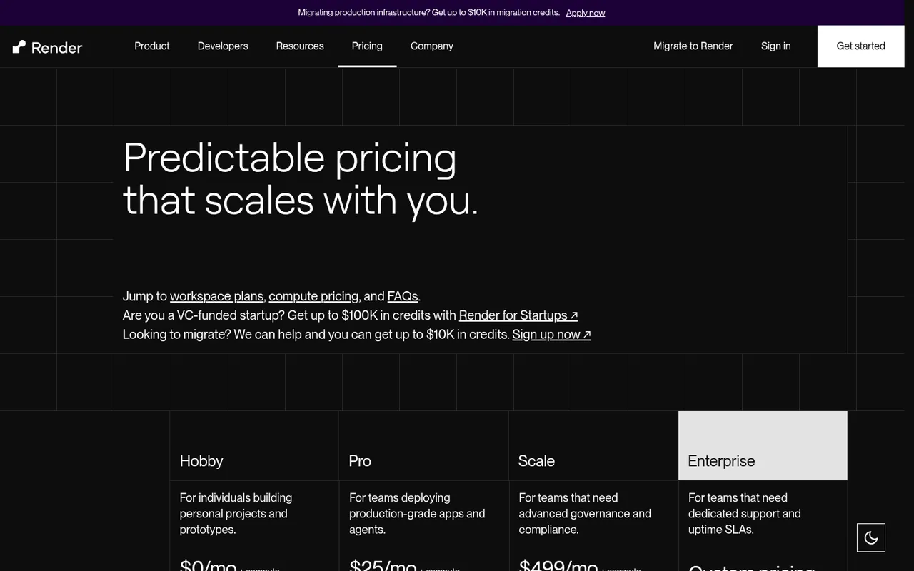 Render pricing: Hobby, Pro, Scale, Enterprise