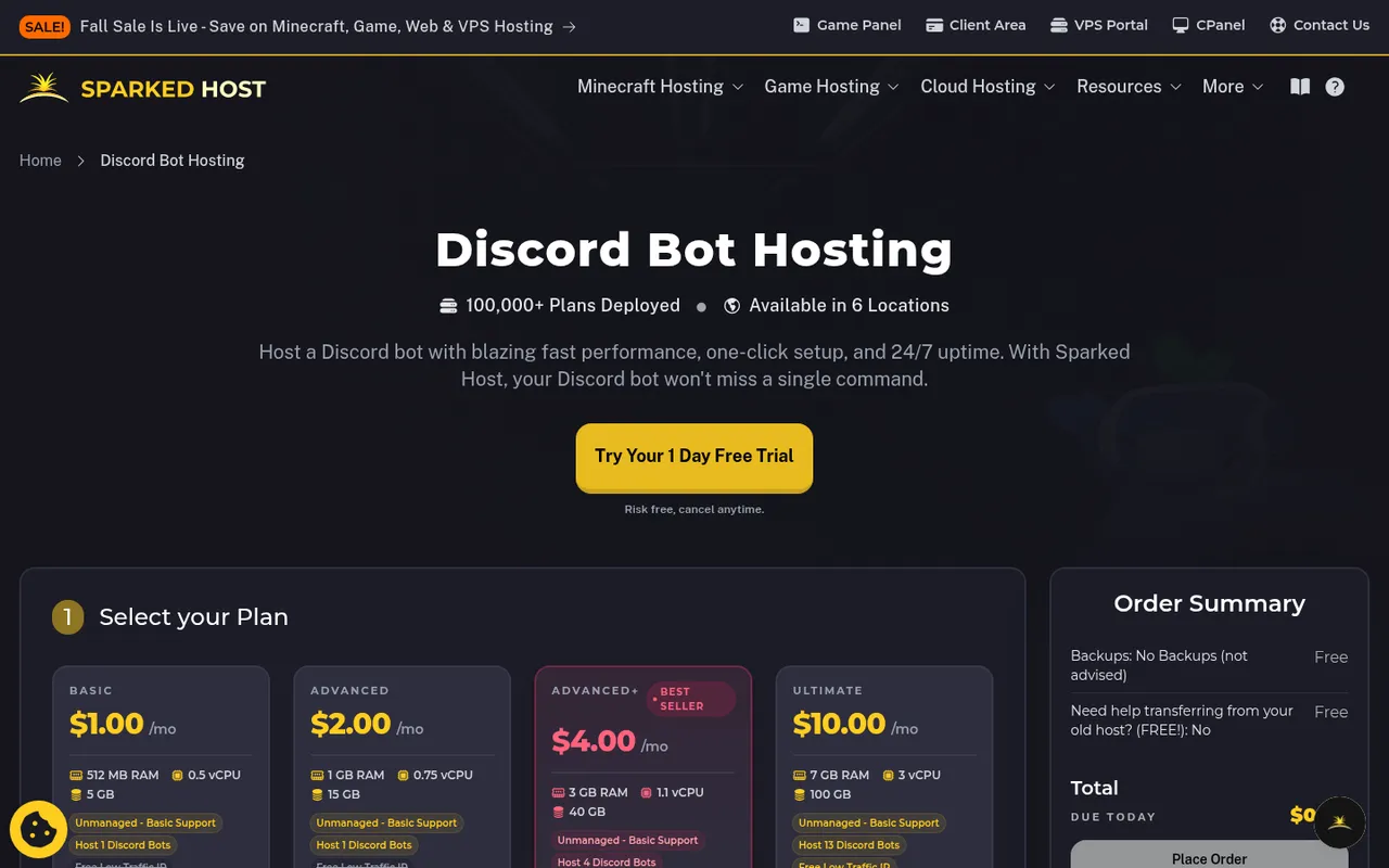 Sparked Host Discord bot hosting plans from $1 a month
