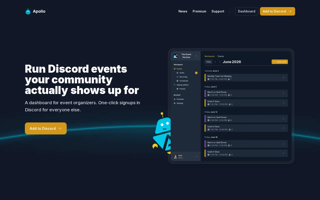 Apollo Discord bot homepage with event dashboard preview and Add to Discord button.