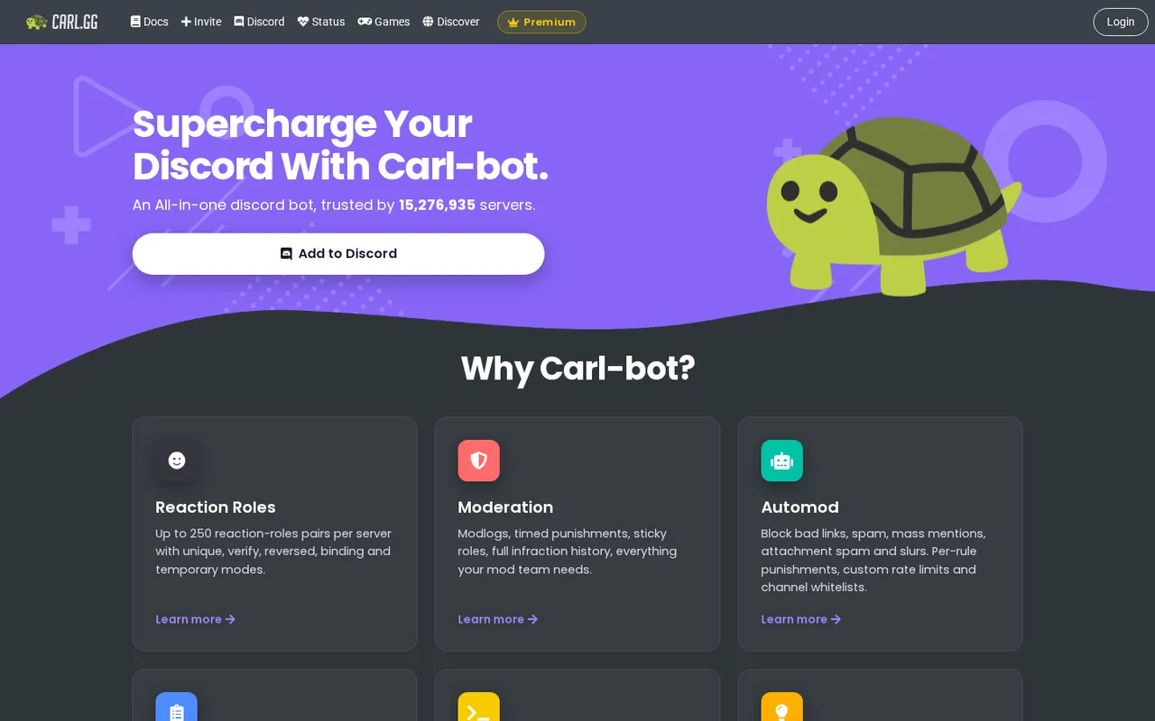 Carl-bot homepage with Discord invite button and moderation feature cards.
