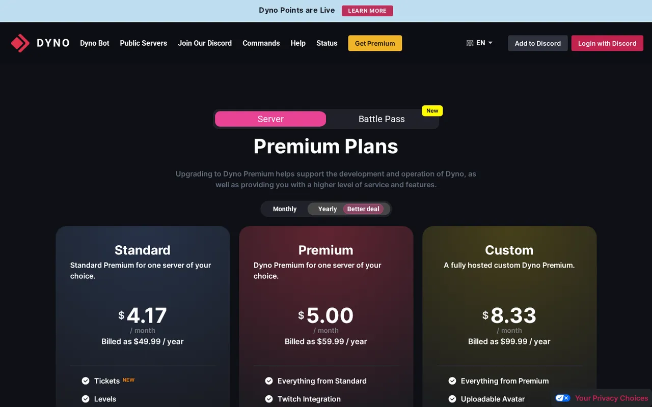 Dyno Premium Plans page with Standard, Premium, and Custom annual pricing tiers.