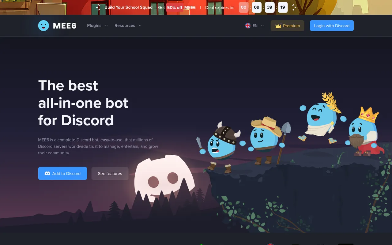 MEE6 homepage showing an all-in-one Discord bot and an Add to Discord button.