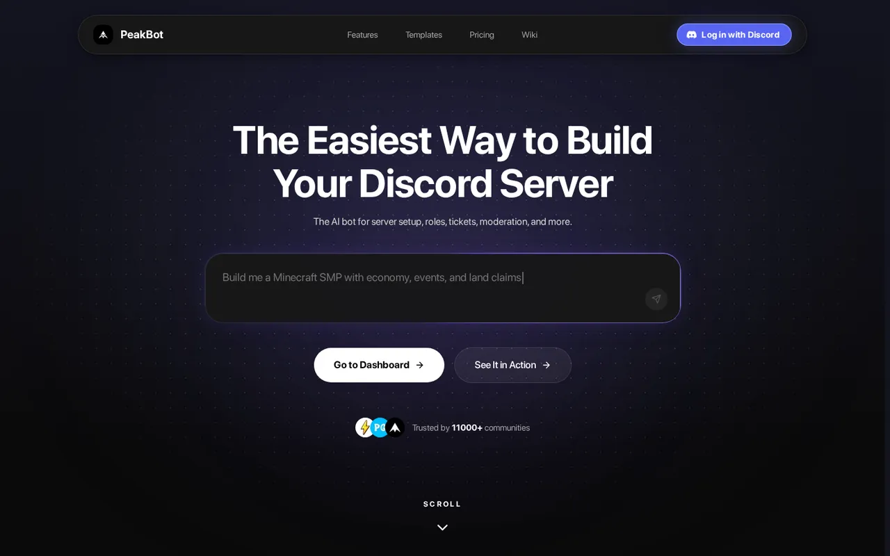 PeakBot landing page with AI Discord server builder prompt and Discord login button.