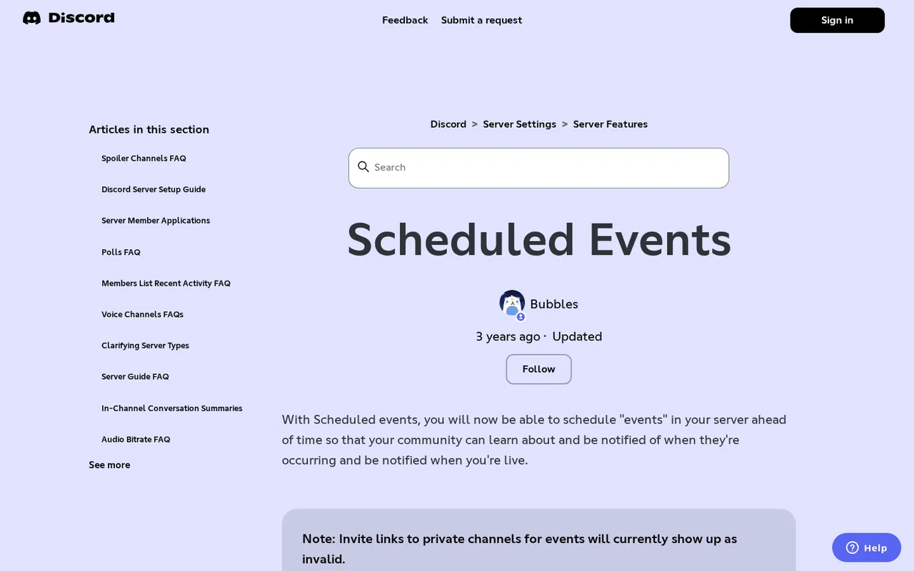 Discord support page for Scheduled Events with article title and introductory description.