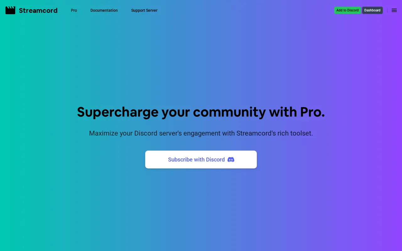 Streamcord Pro page with Discord subscription button on a teal-to-purple gradient.