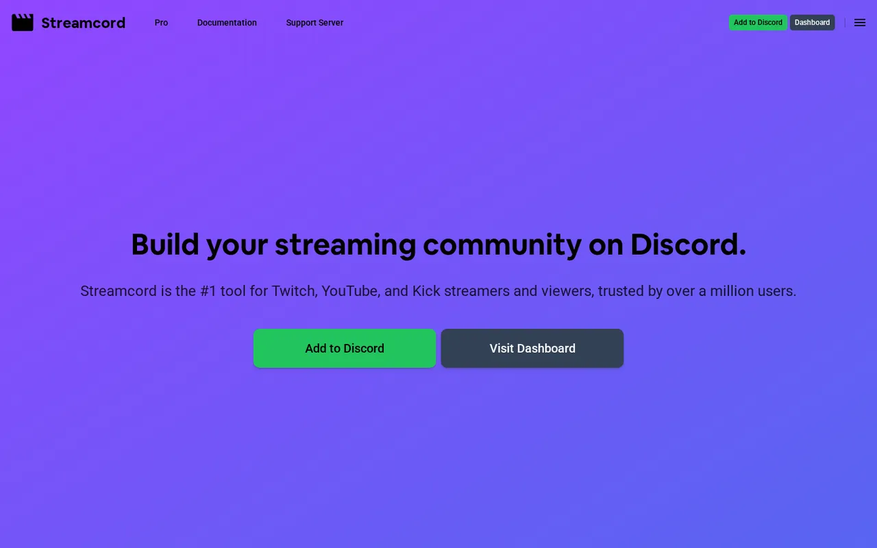 Streamcord homepage with Discord bot tools for Twitch, YouTube, and Kick streamers.