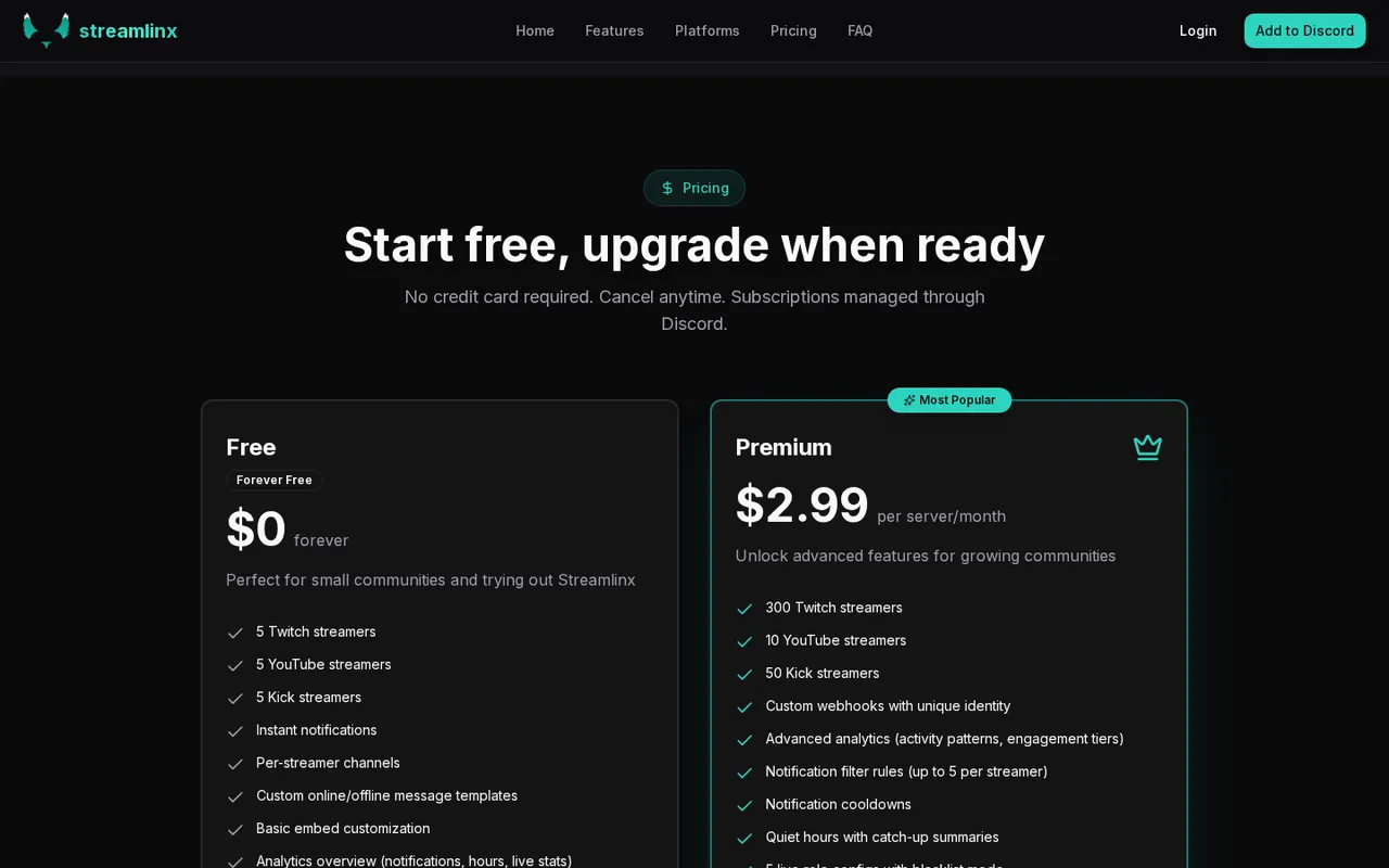 Streamlinx pricing page with Free and $2.99-per-server monthly Premium plans.