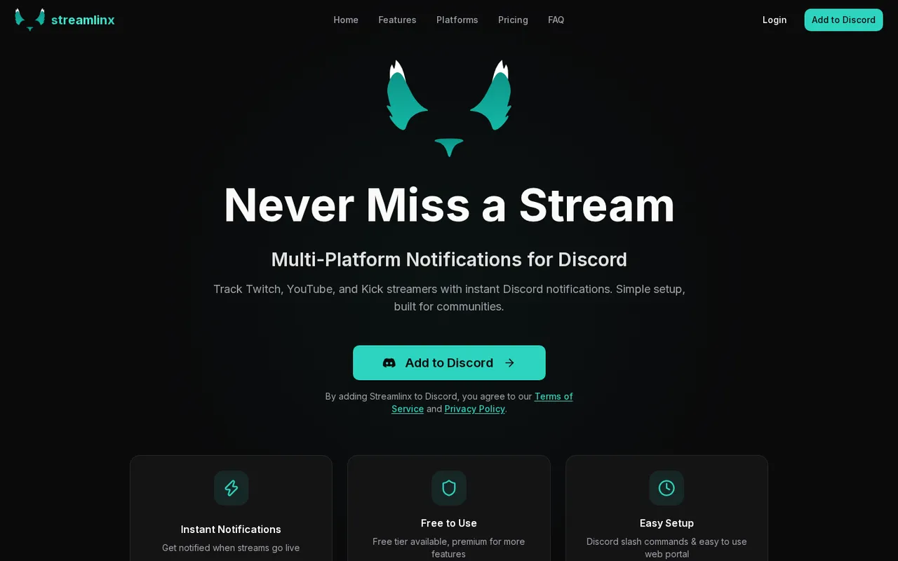 Streamlinx homepage with Discord stream notification bot features and Add to Discord button.