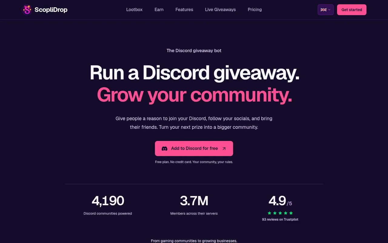 ScopliDrop homepage: run a Discord giveaway, grow your community