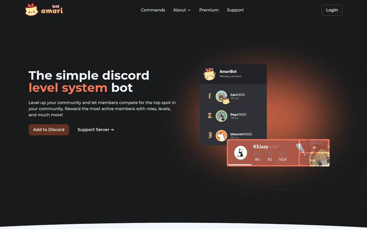 AmariBot homepage: the simple Discord level system bot