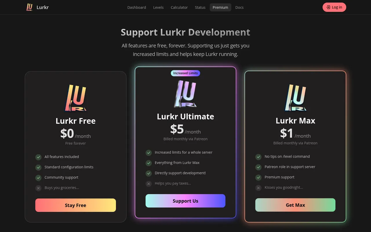 Lurkr Free, Ultimate, and Max support tiers