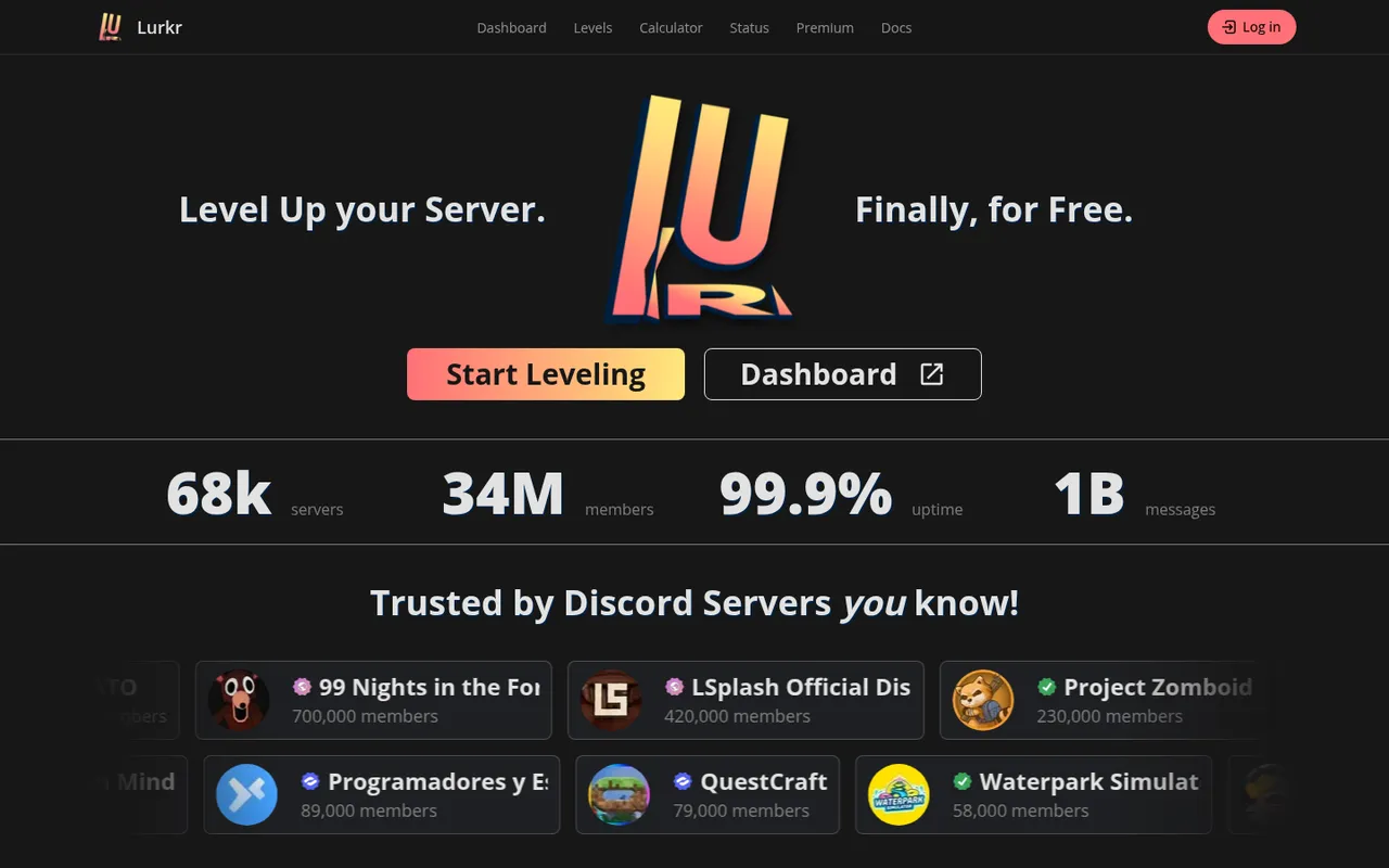 Lurkr homepage: Level up your server, finally for free