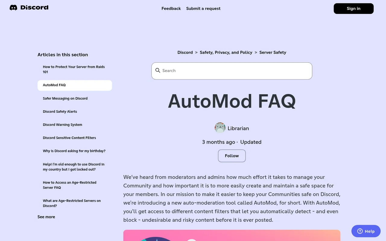 Discord Support AutoMod FAQ article
