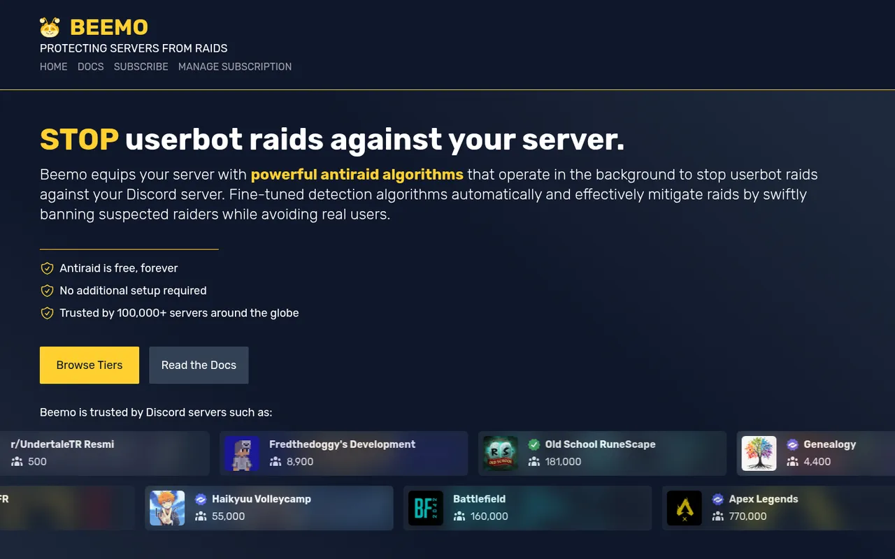 Beemo homepage: stop userbot raids against your server
