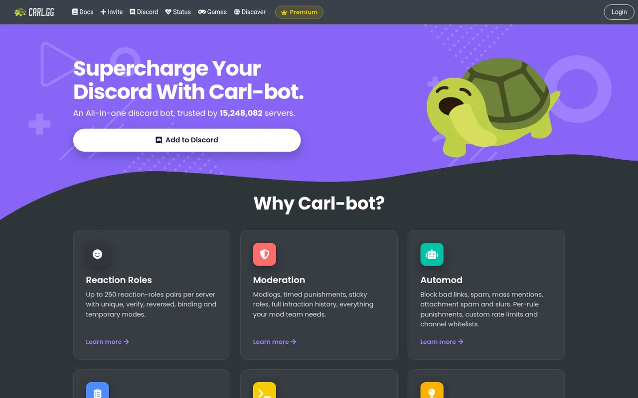 Carl-bot homepage with server count and feature cards