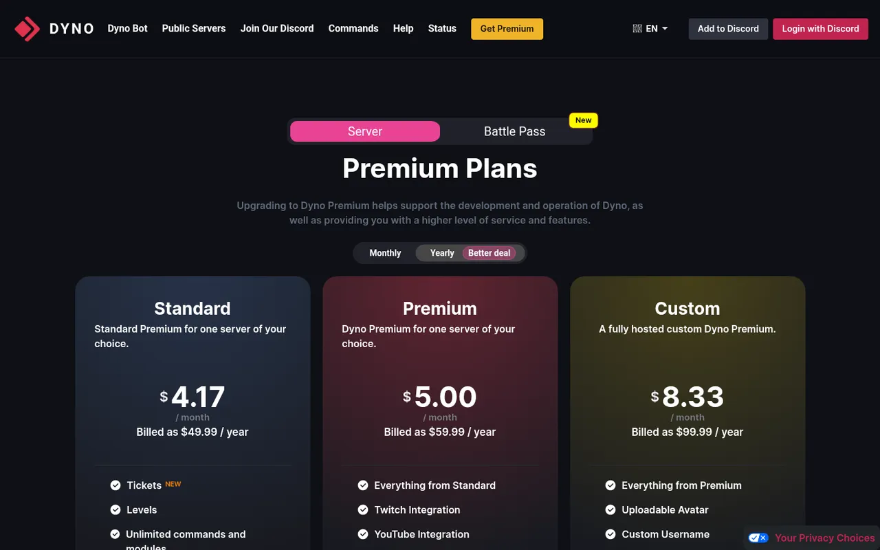 Dyno premium plans: Standard, Premium, and Custom