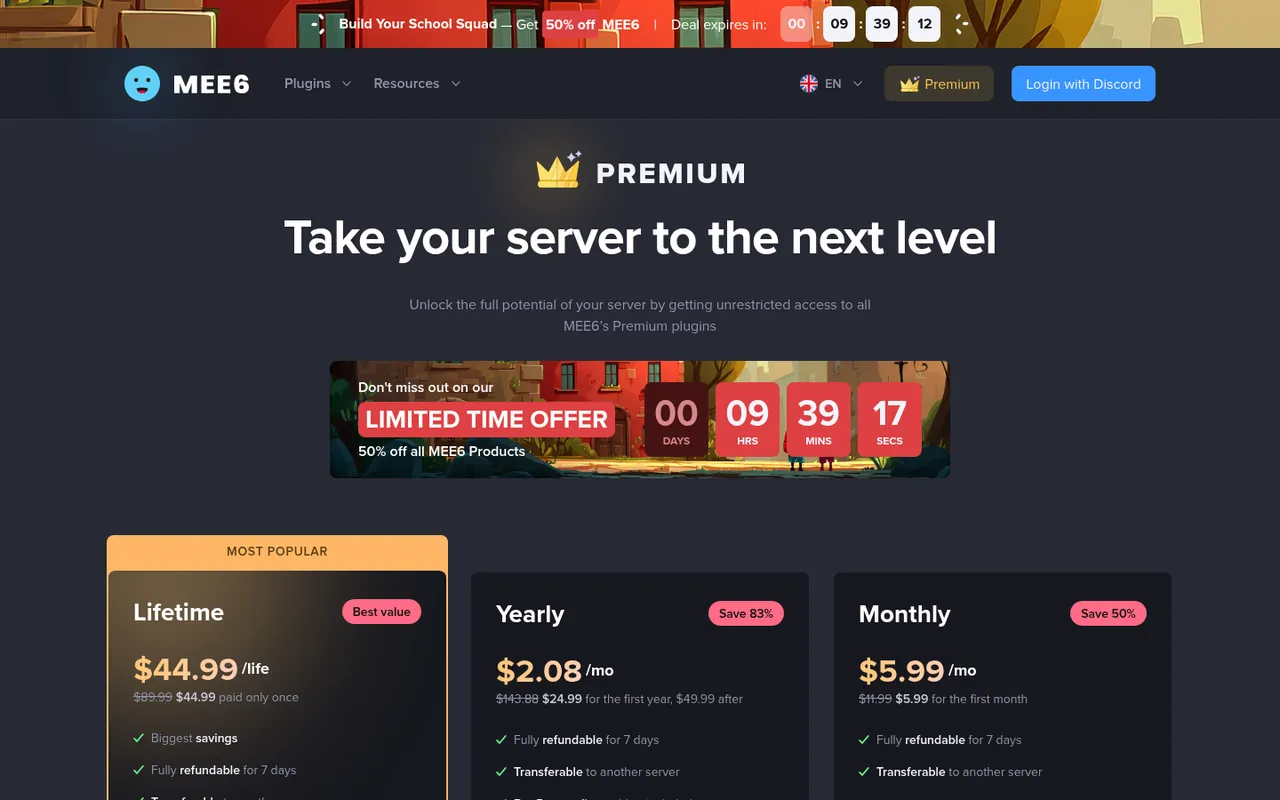 MEE6 premium page showing lifetime, yearly, and monthly prices