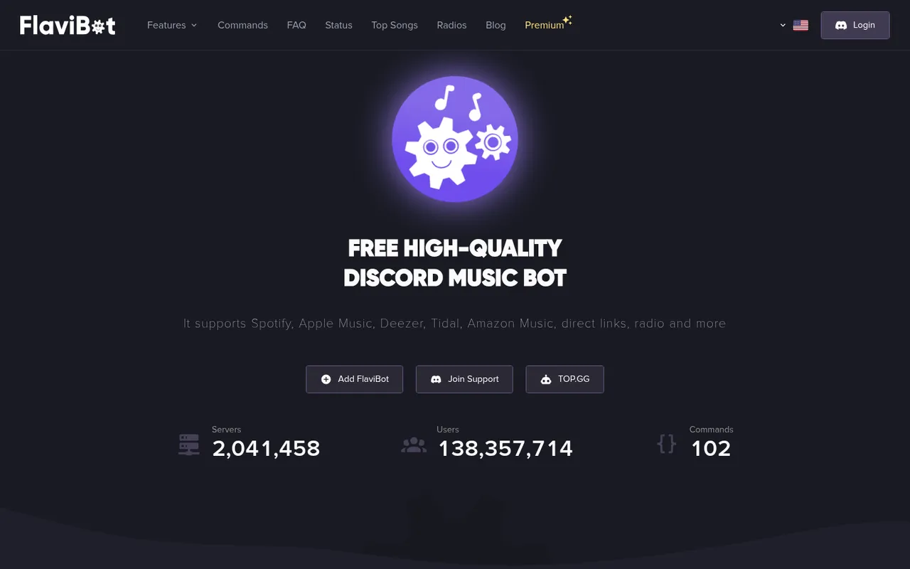 FlaviBot homepage listing Spotify, Apple Music, Deezer, Tidal, and Amazon Music