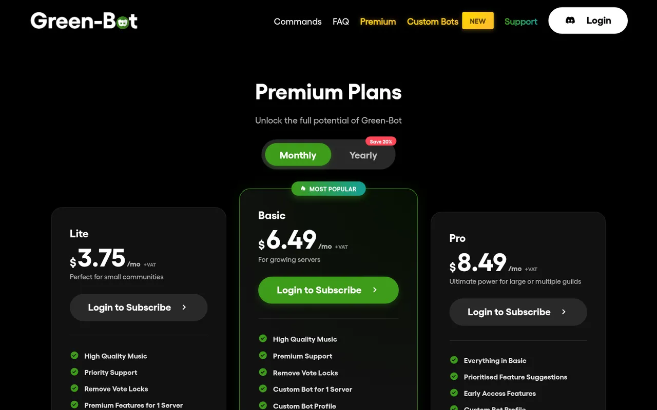 Green-Bot premium plans: Lite, Basic, and Pro
