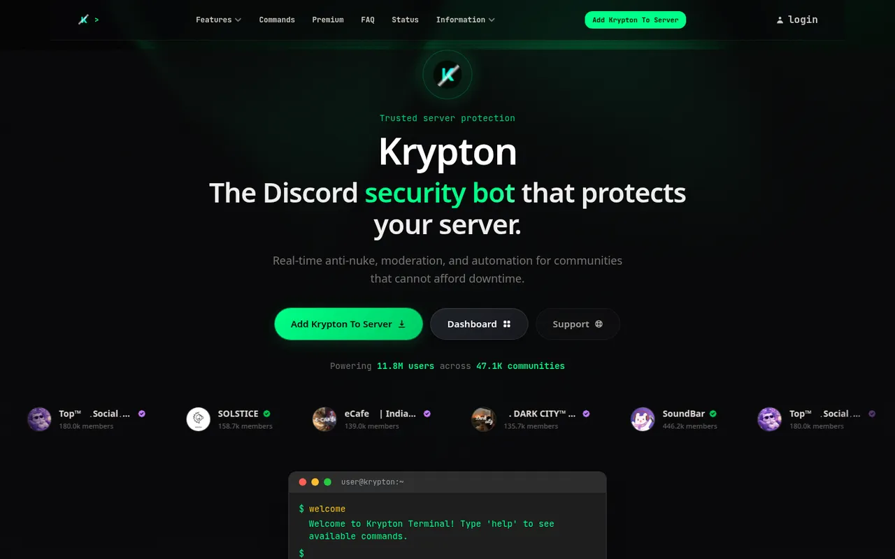 Krypton homepage: the Discord security bot