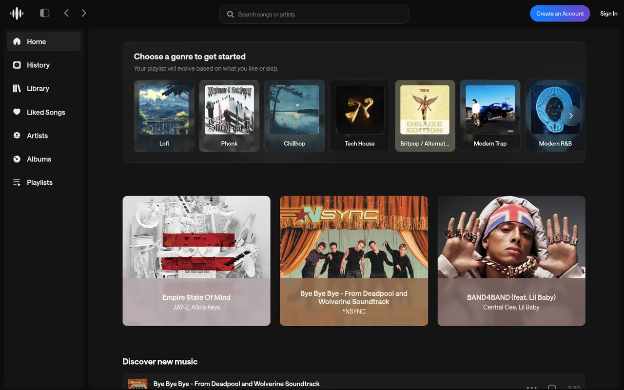 Rythm web app home screen with genres and playlists